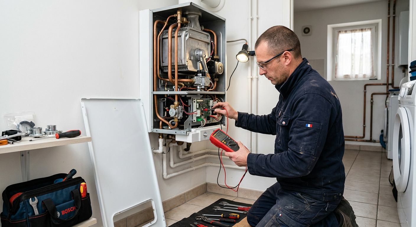 Chauffagiste réparant une chaudière gaz murale à Massy